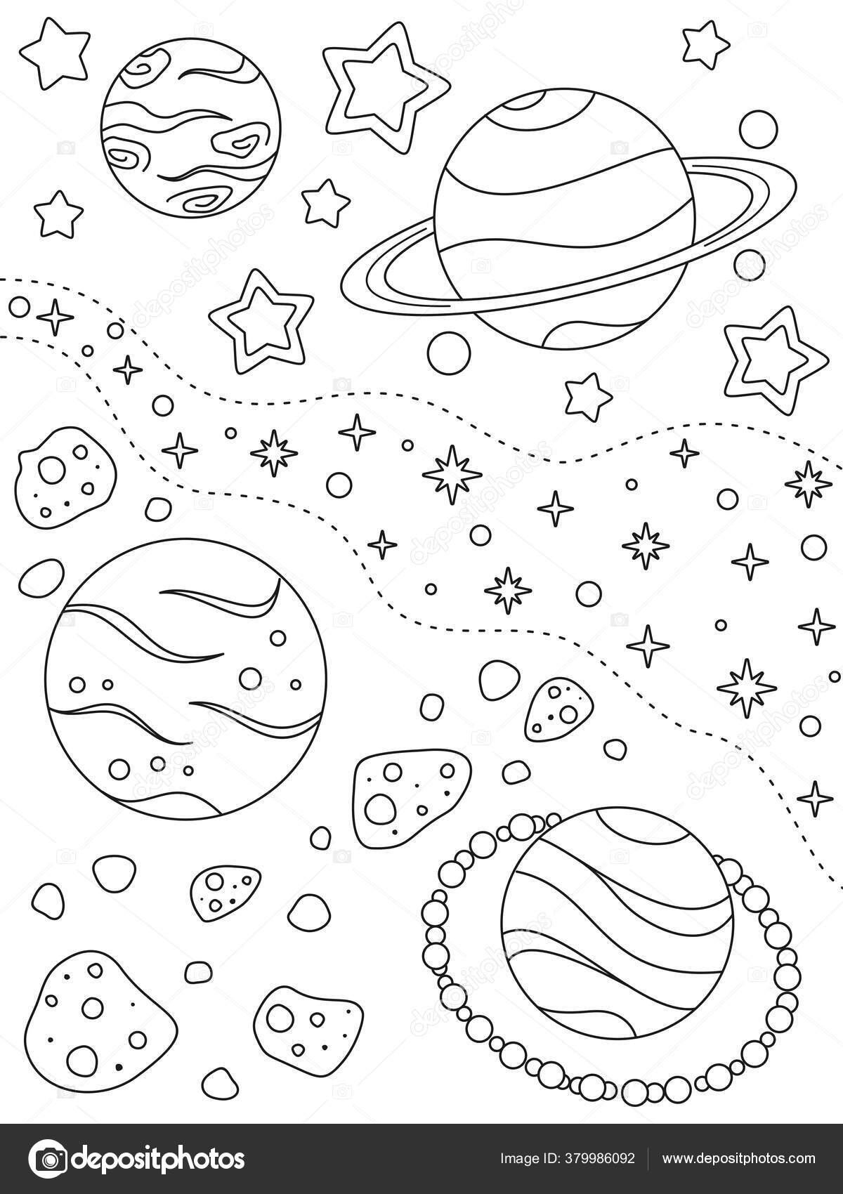 Coloring page different planets asteroids nebulae stars black elements white stock vector by mysticamailru