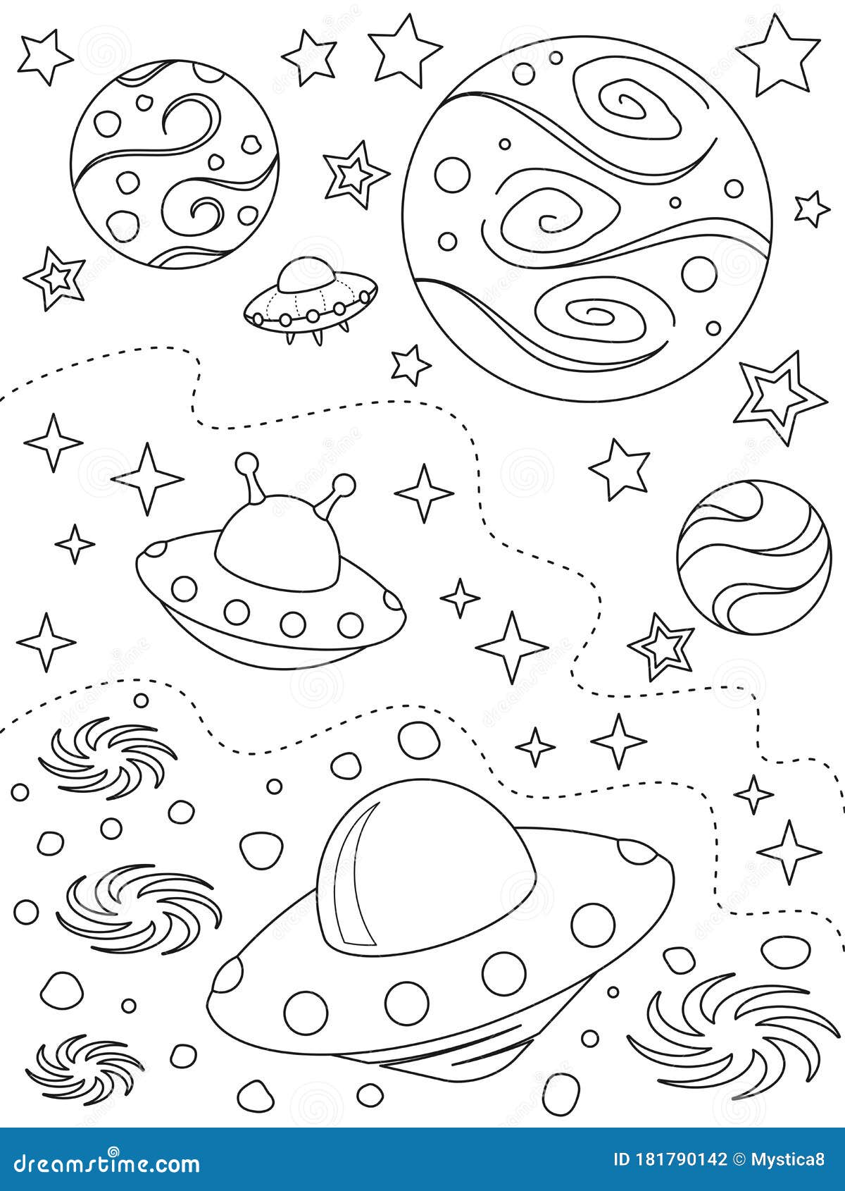 Coloring page with different planets alien spaceships nebulae and stars for kids stock vector