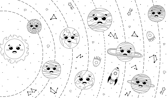 Solar system coloring page for kids and adults planets with cute faces rockets and spaceships stars and ets stock illustration