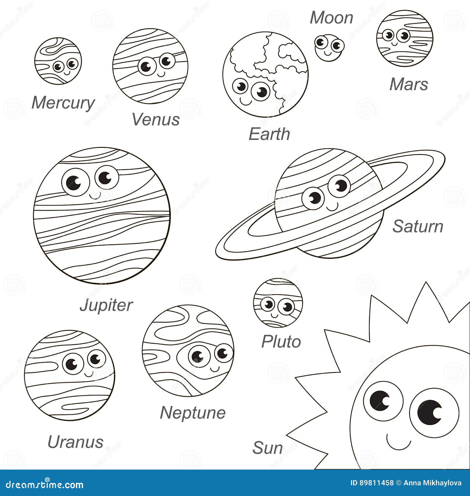 Cute solar sistem planet set the collection of coloring book template the group of outline digital elements stock vector