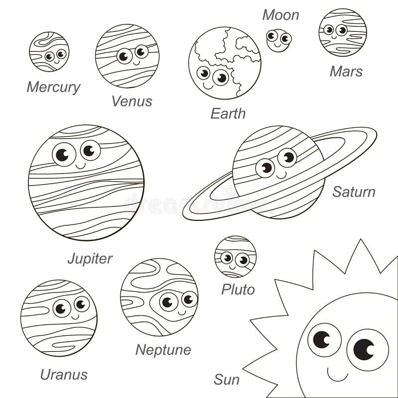 Cute solar sistem planet set the collection of coloring book template the group of outline digital elements stock vector