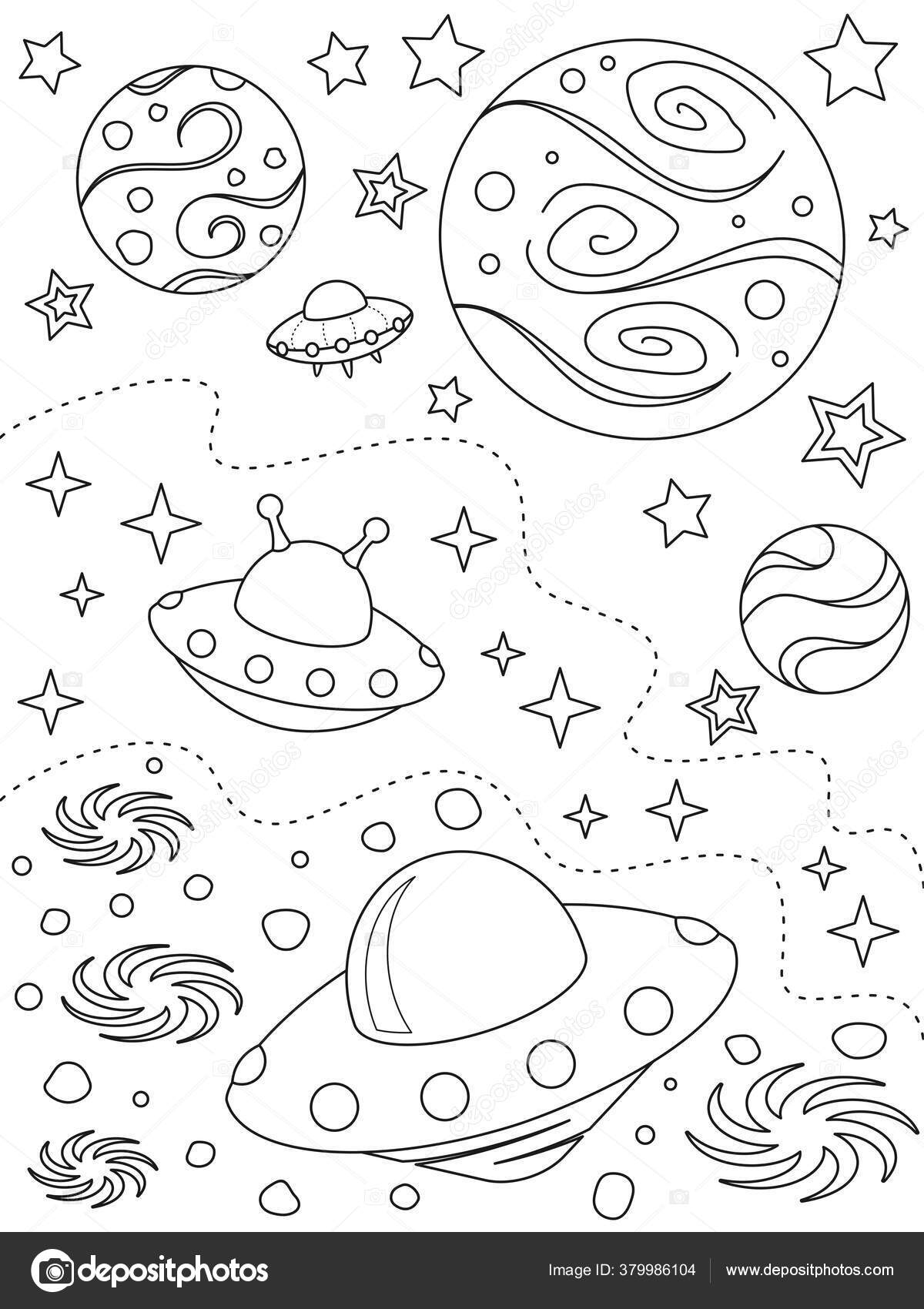 Coloring page different planets alien spaceships nebulae stars black elements stock vector by mysticamailru