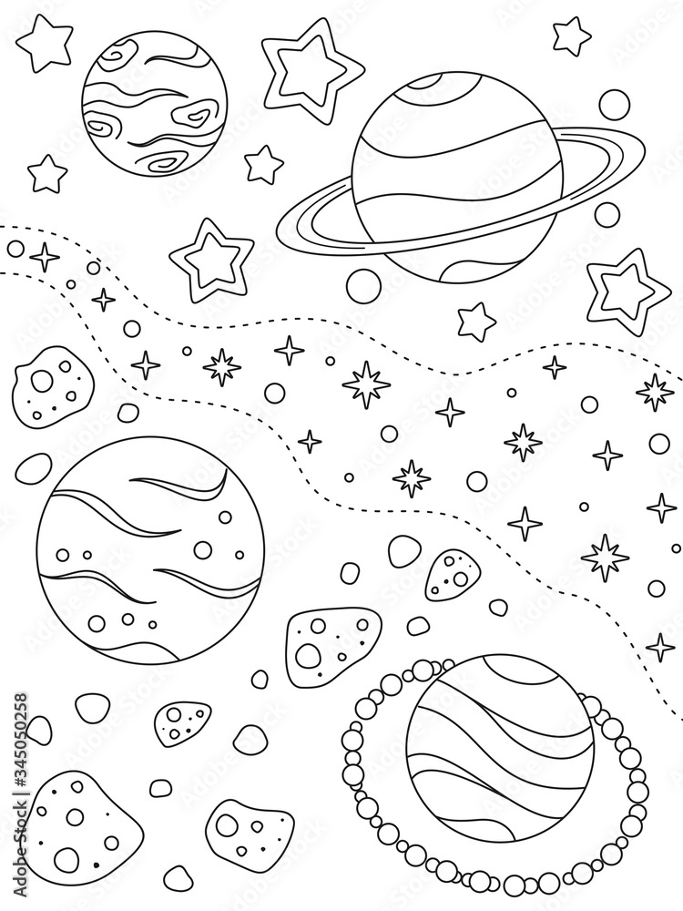 Vektorovã grafika âcoloring page with different planets asteroids nebulae and stars black elements on a white background vector design template for kids coloring book print and poster entertainment and recreationâ ze sluåby