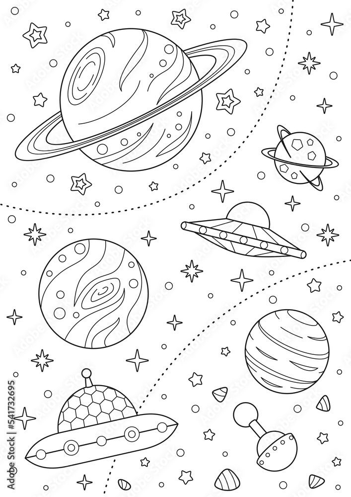 Coloring page with different planets alien spaceships and stars black and white outline illustration isolated on a white background far space vector design template for kids coloring book poster vector