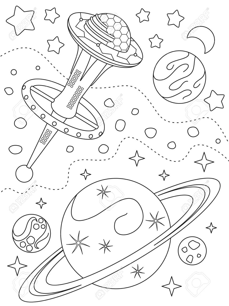 Coloring page with space station different planets nebulae and stars black elements on a white background outer space fantasy vector design template for kids coloring book print and poster royalty free svg