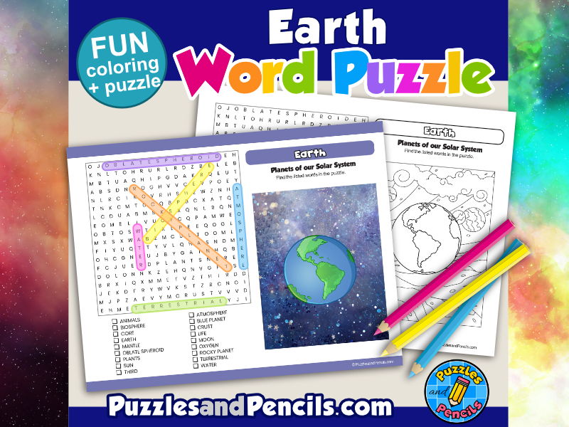 Earth word search puzzle activity page with colouring planets solar system wordsearch teaching resources