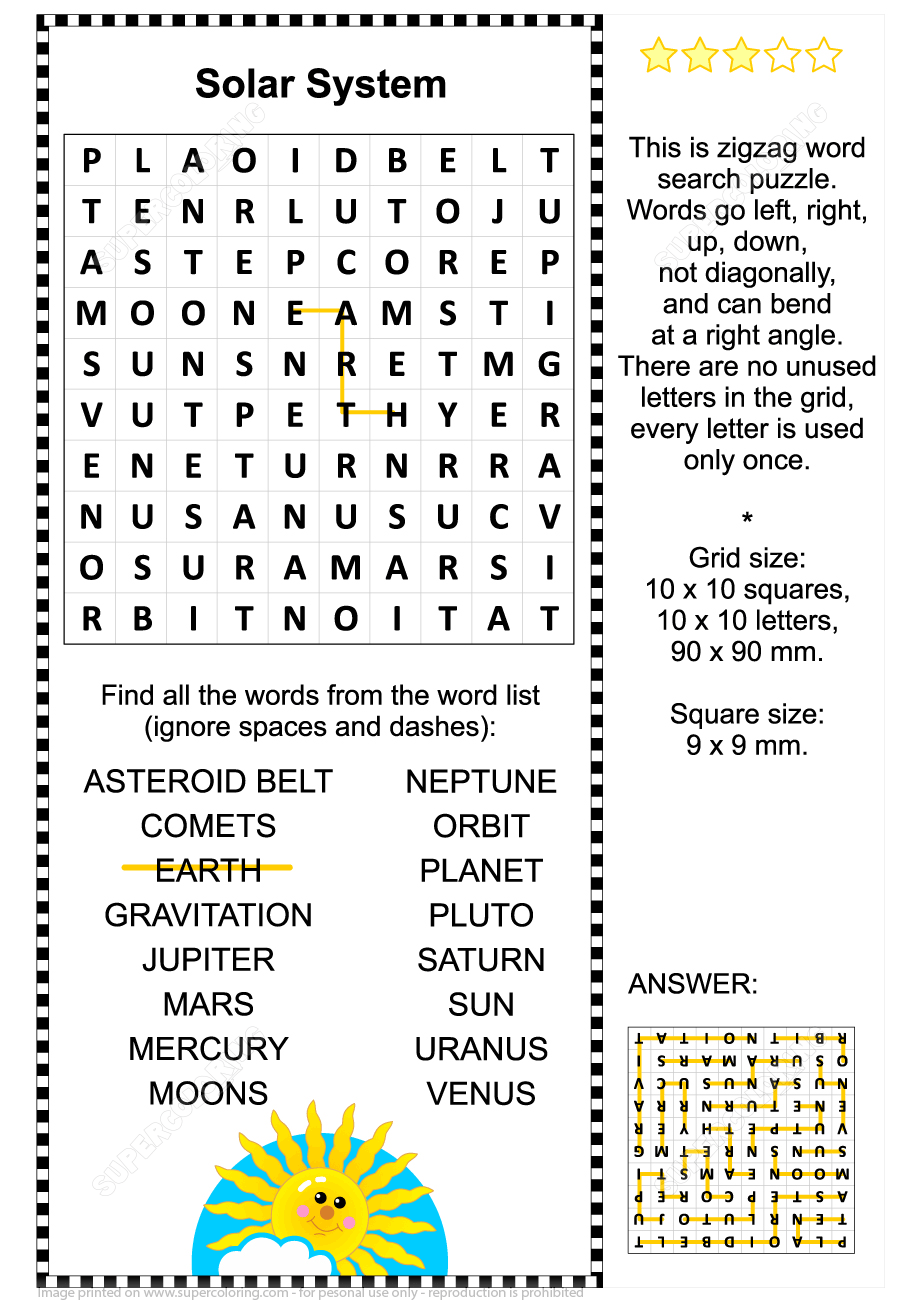 Solar system zigzag word search puzzle free printable puzzle games