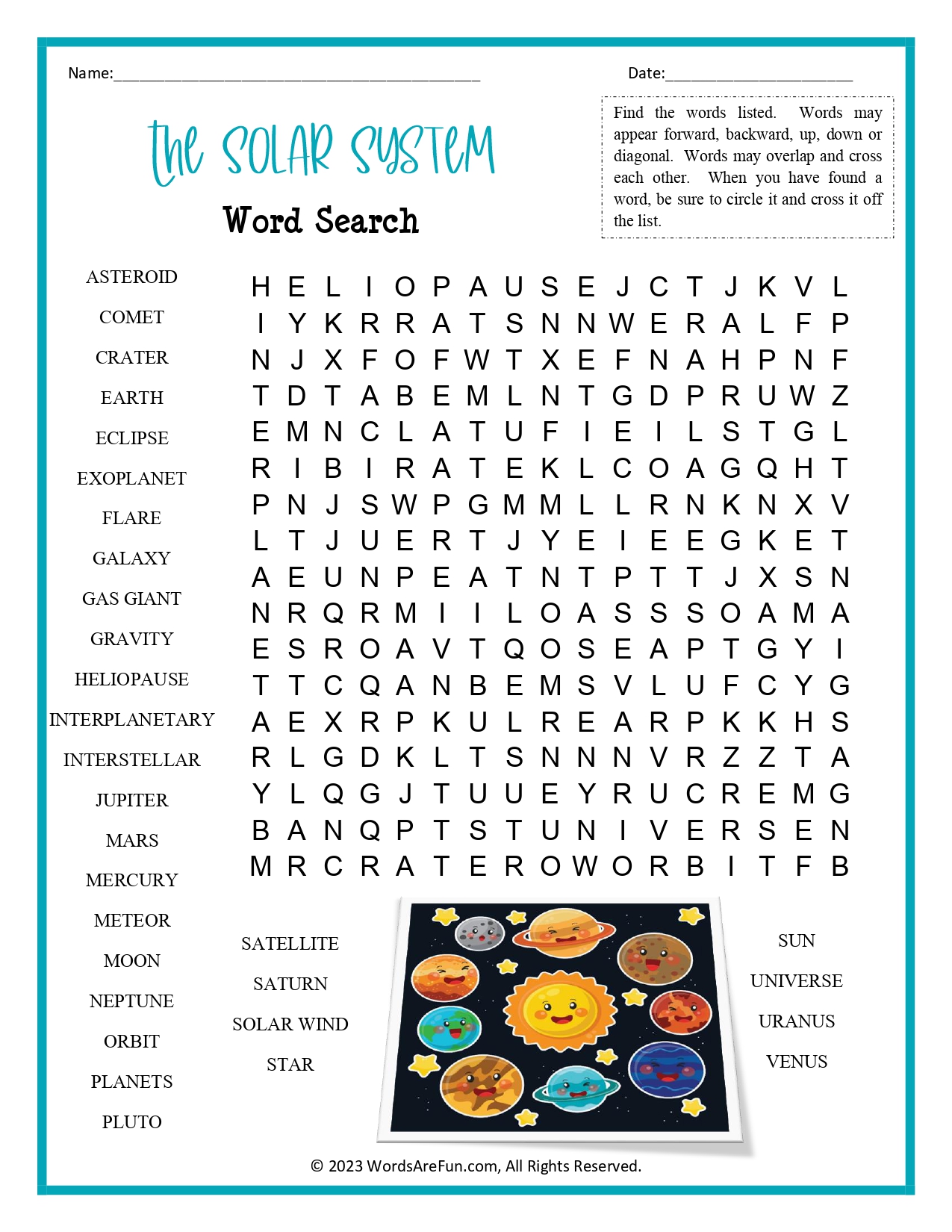 Solar system word search printable