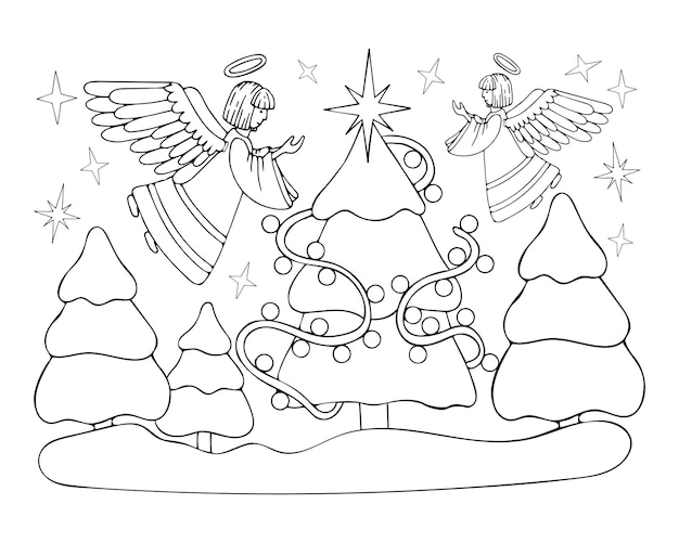 Premium vector coloring book angel christmas fir line art star of bethlehem on spruce tree angels decorate garland hand drawn vector black and white illustration