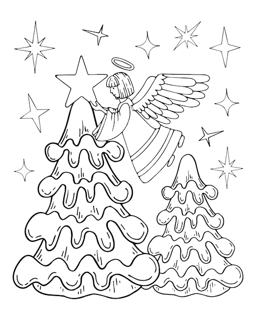 Premium vector coloring book angel christmas fir line art star of bethlehem on a spruce tree hand drawn vector black and white illustration