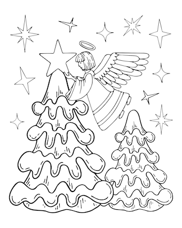 Premium vector coloring book angel christmas fir line art star of bethlehem on a spruce tree hand drawn vector black and white illustration