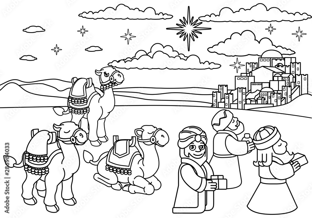 A christmas nativity scene coloring cartoon with with three wise men or magi and their camels arriving with their gifts the city of bethlehem and star above christian religious illustration vector