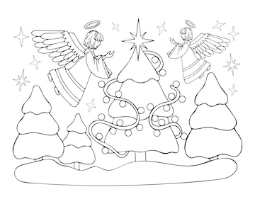 Premium vector coloring book angel christmas fir line art star of bethlehem on spruce tree angels decorate garland hand drawn vector black and white illustration