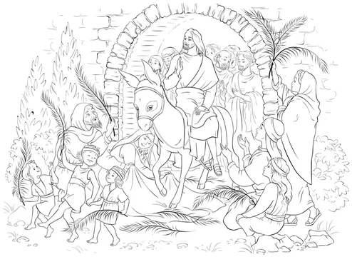 Entry of our lord into jerusalem palm sunday coloring page jesus christ riding a donkey crowds wele him with palm fronds spread clothes before him vector