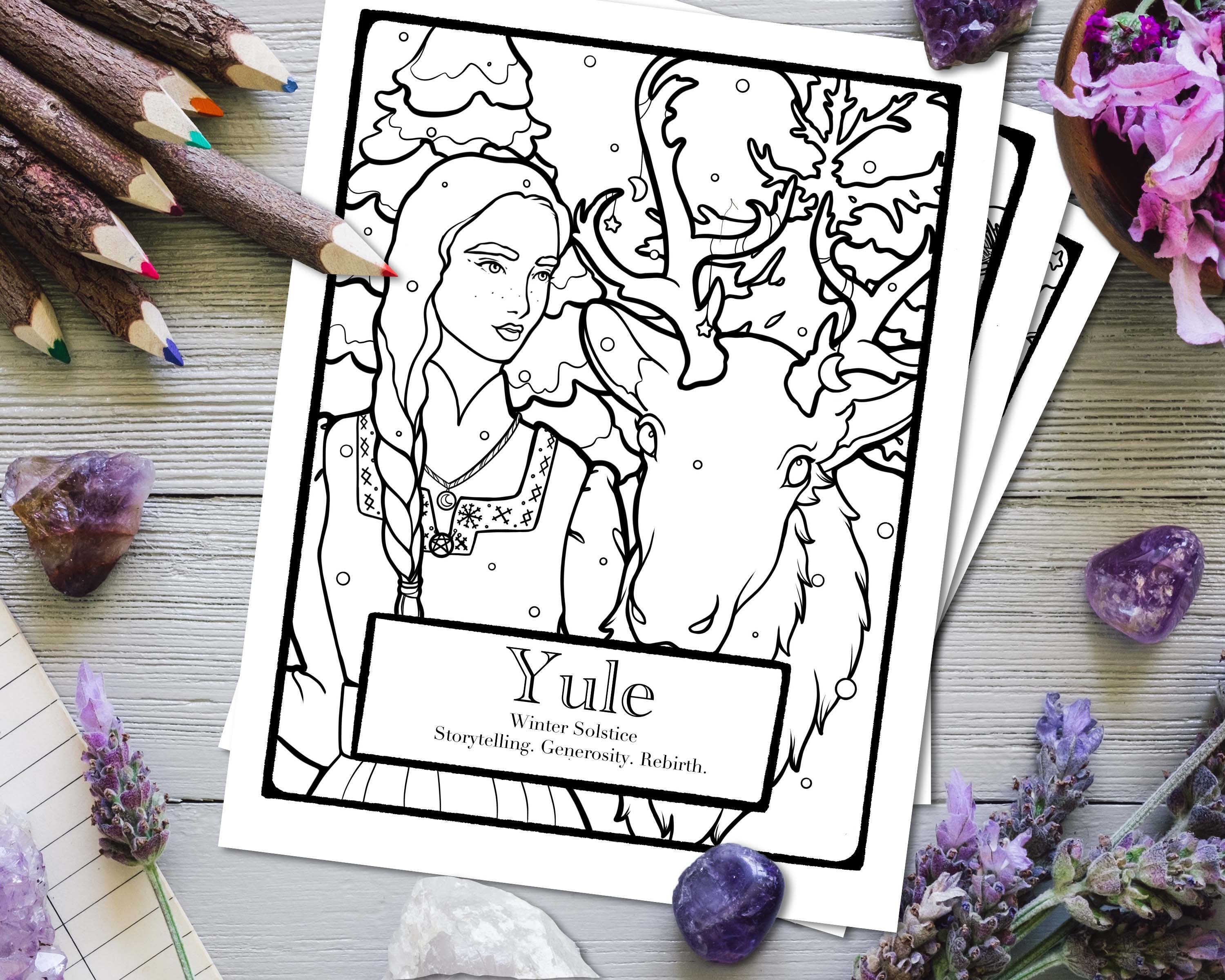 Yule coloring page winter solstice sabbat wheel of the year coloring pages book of spells wicca pagan printable digital download