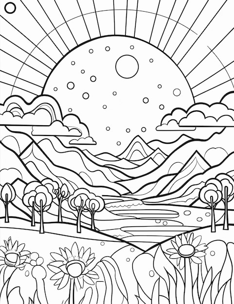 Premium ai image a coloring page with a landscape and sun in the background generative ai