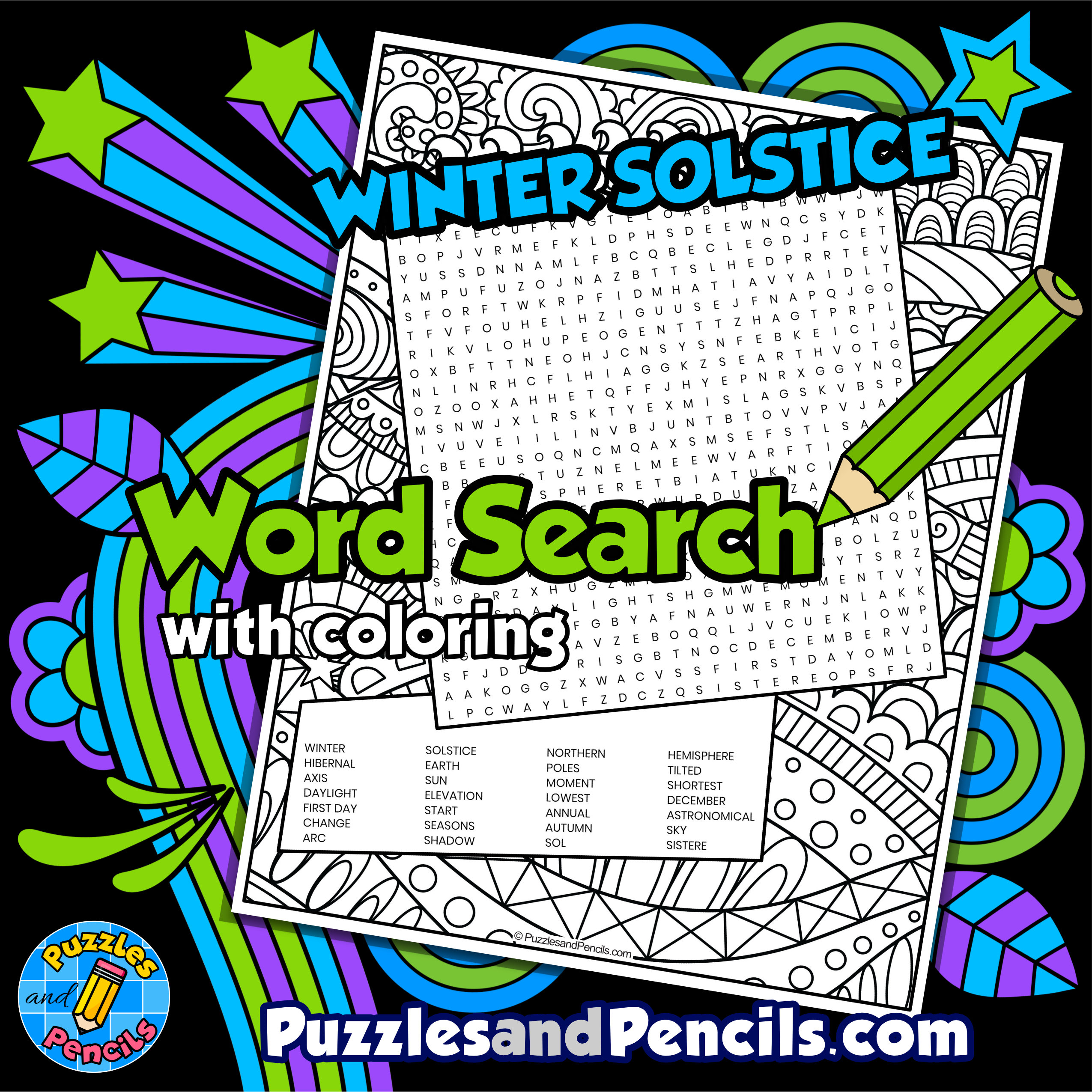 Winter solstice word search puzzle activity page with coloring made by teachers