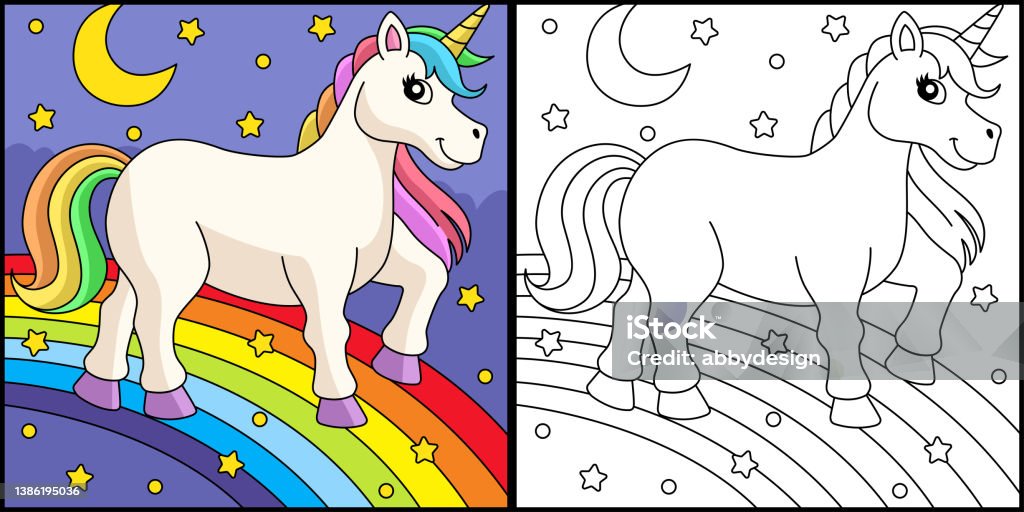 Unicorn walking on the rainbow coloring page stock illustration
