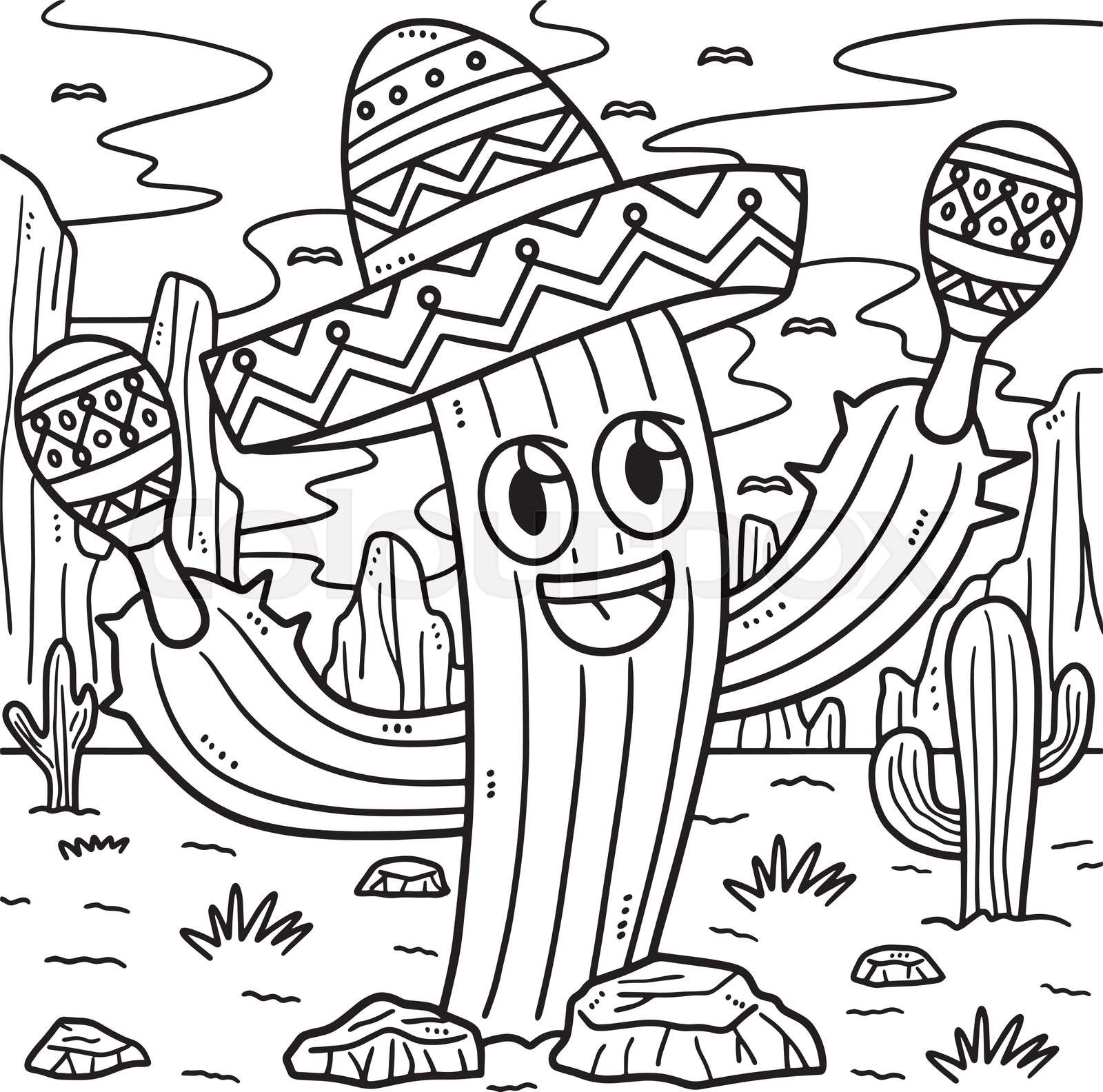 Cinco de mayo cactus with sombrero coloring page stock vector