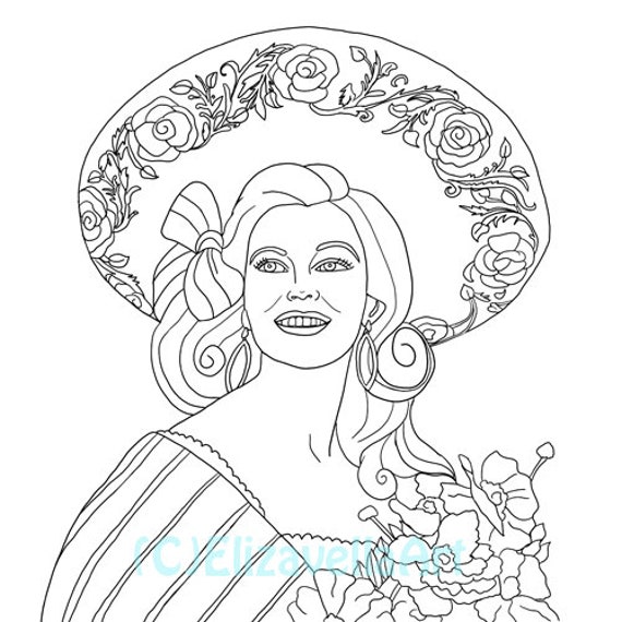 Mexican latin woman sombrero hat printable adult coloring page