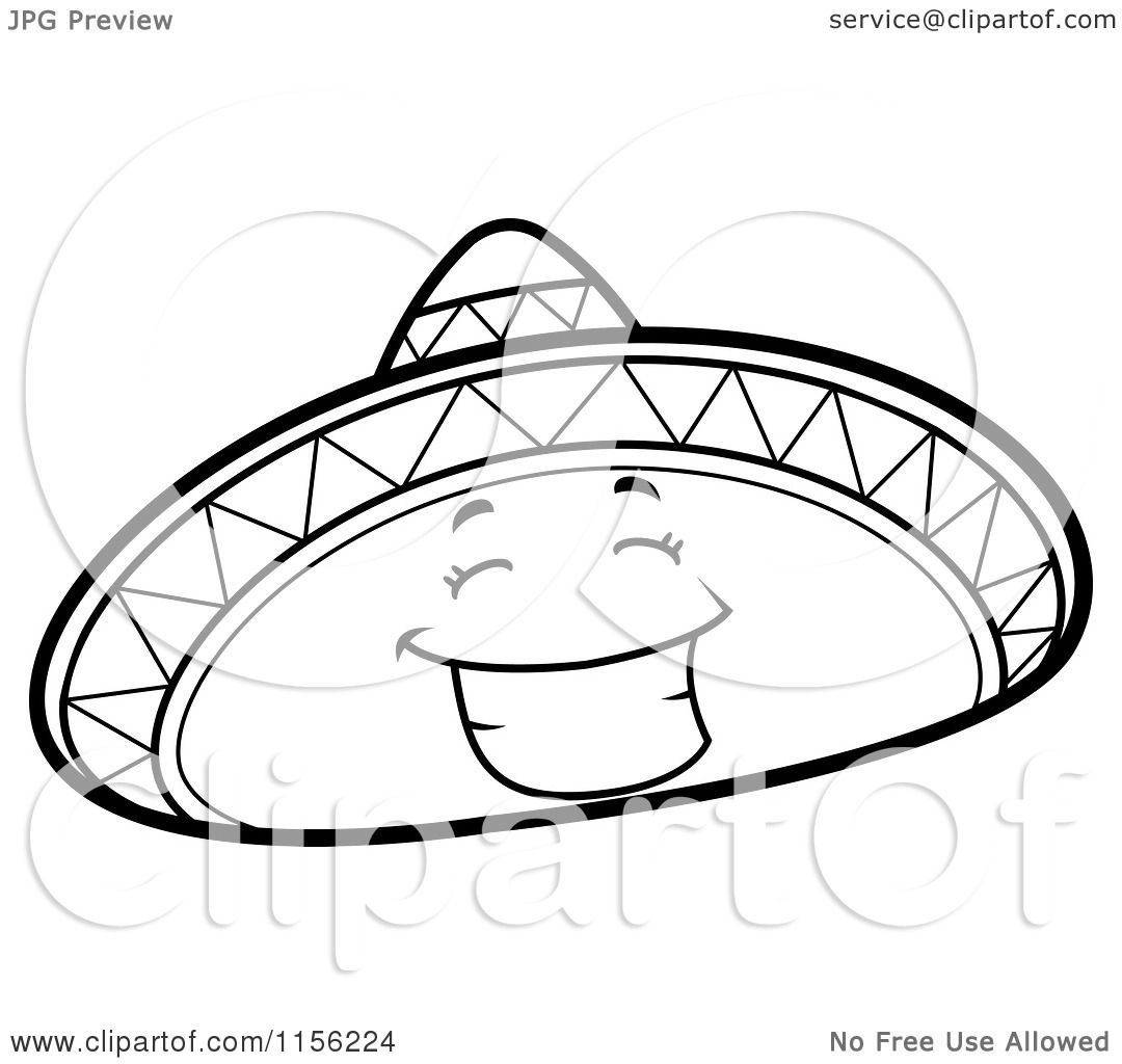 Cartoon clipart of a black and white happy sombrero hat character smiling