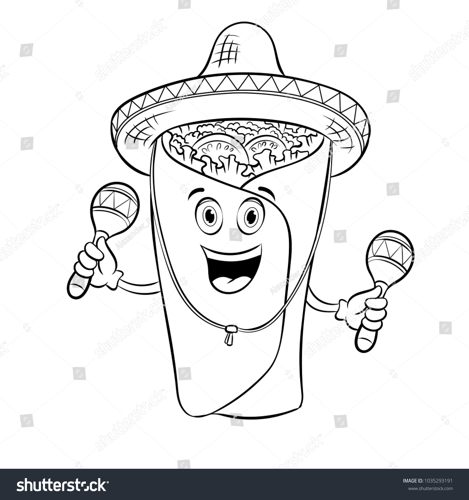 Burrito mexican hat sombrero maracas coloring stock vector royalty free