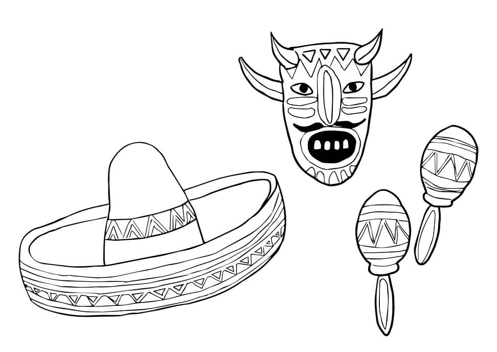 Mask sombrero and maracas coloring page