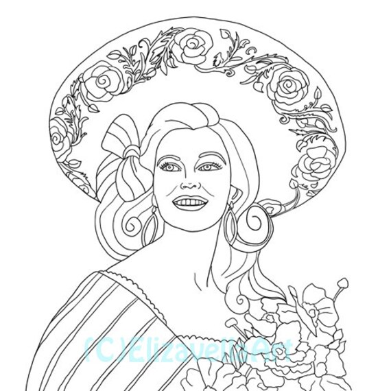 Mexican latin woman sombrero hat printable adult coloring page