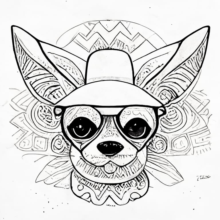 Bold black and white pages psychedelic mexican chihuahua wearing sombrero and sunglasses crisp clean lines coloring page for adults printable outlined art