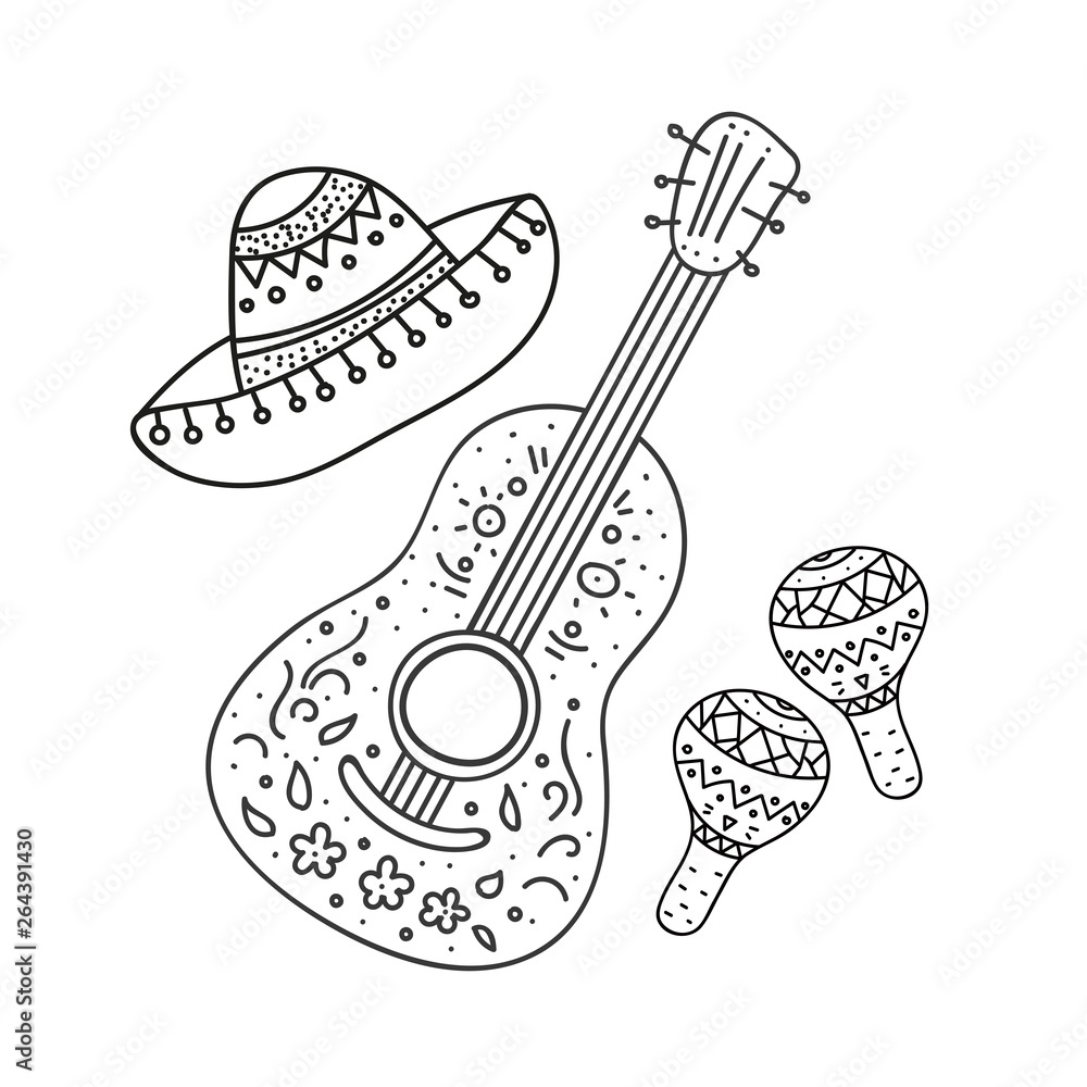 Coloring pagebook and antistress freehand sketch with mexican sombreroguitarmaracaused for greeting card poster designvector illustration vector