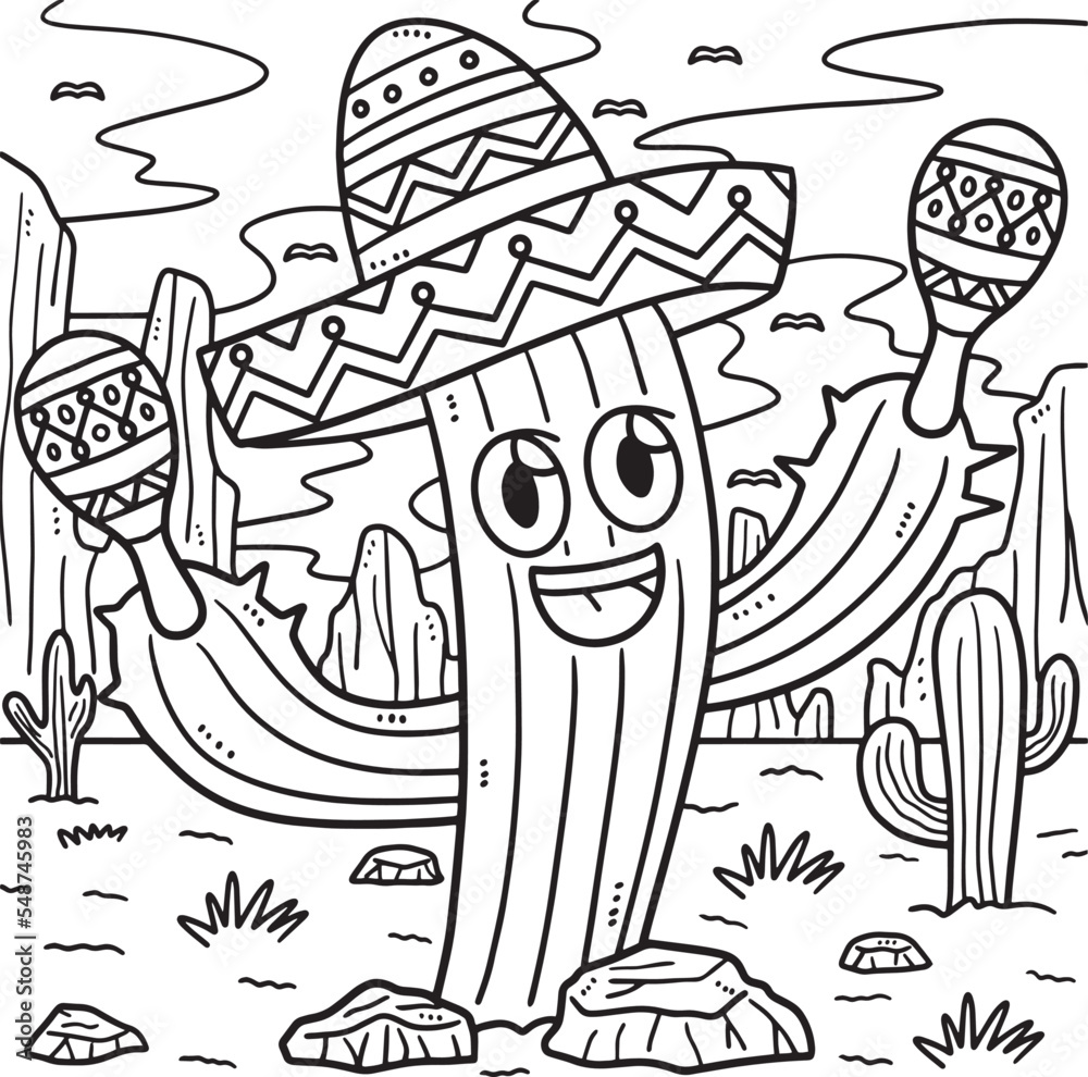 Cinco de mayo cactus with sombrero coloring page vector