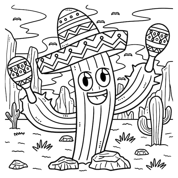 Premium vector cinco de mayo cactus with sombrero coloring page