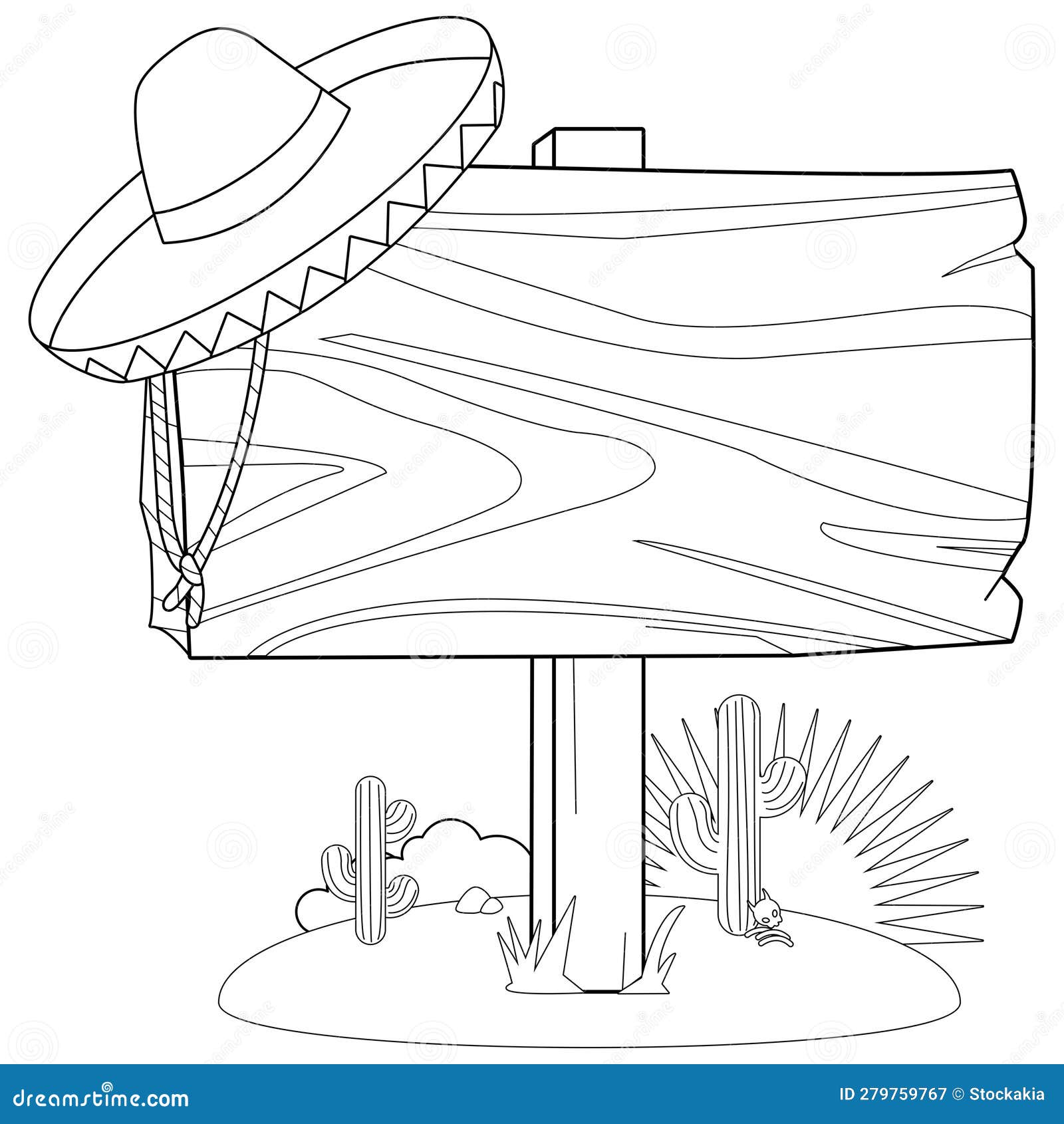 Blank wooden signpost in the mexican desert vector black and white coloring page stock vector