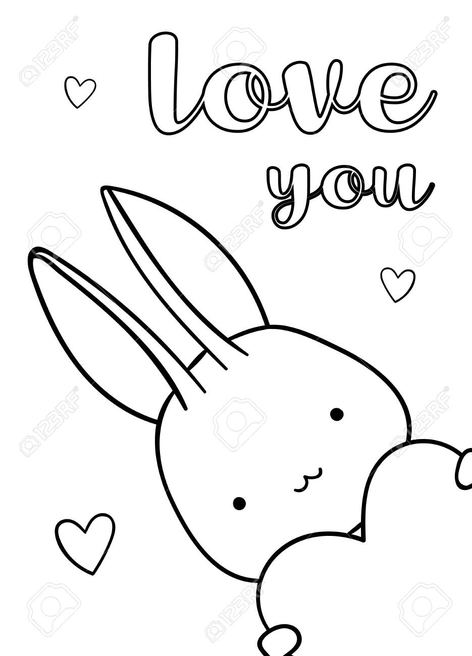 Coloring pages black and white cute hand drawn bunny with hearts doodle lettering love you print royalty free svg cliparts vectors and stock illustration image