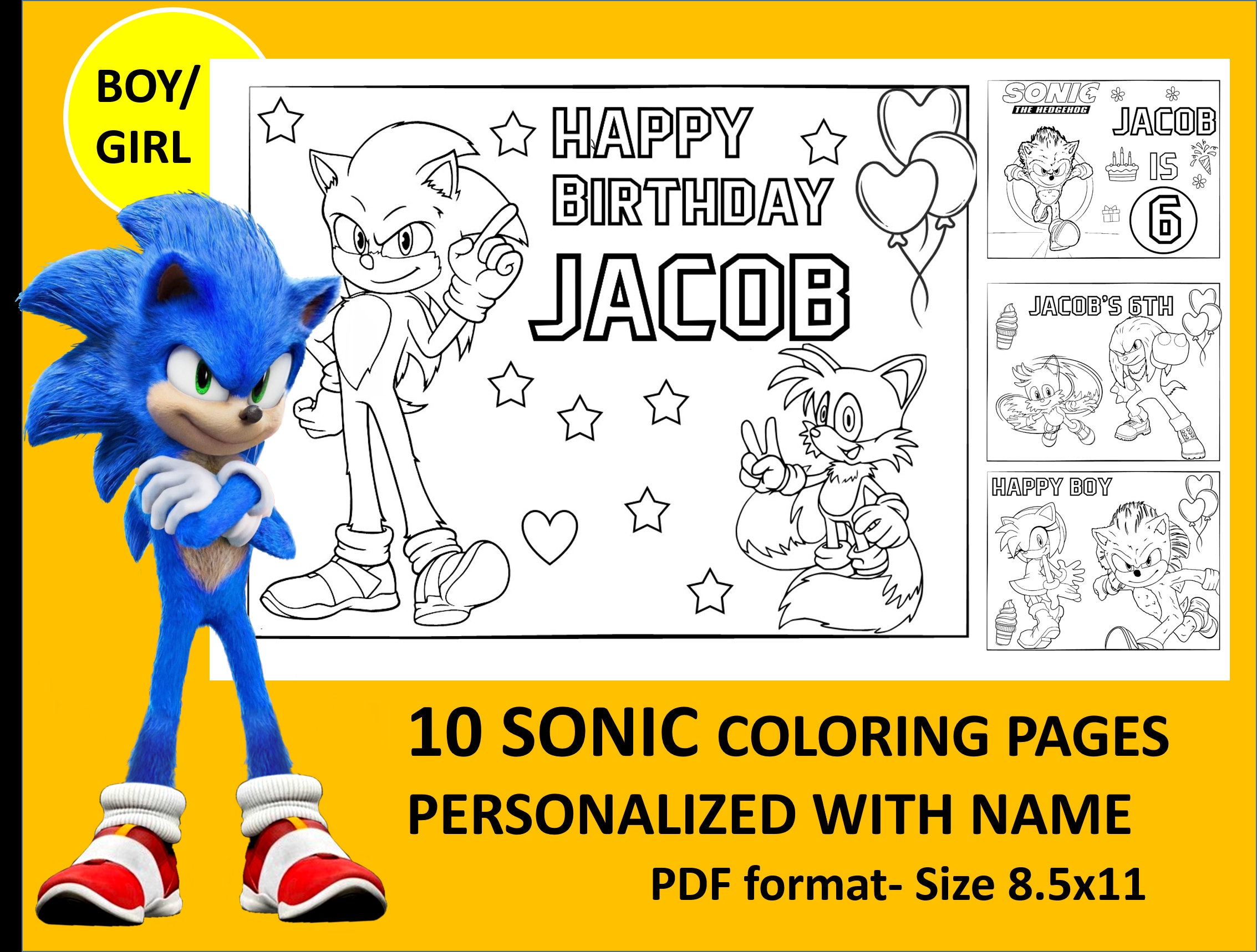 Printable sonic coloring page for birthday personalized with name pdf format