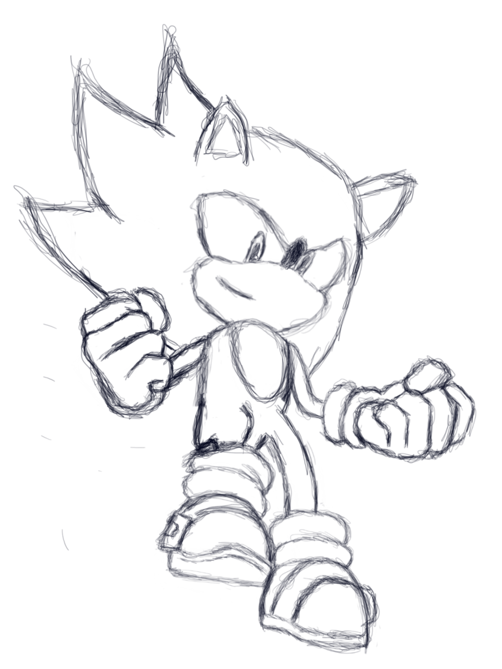 I tried to recreate the super sonic scene in sonic unleashed but im having trouble on his right leg lol i might color this if i get bored or something rsonicthehedgehog