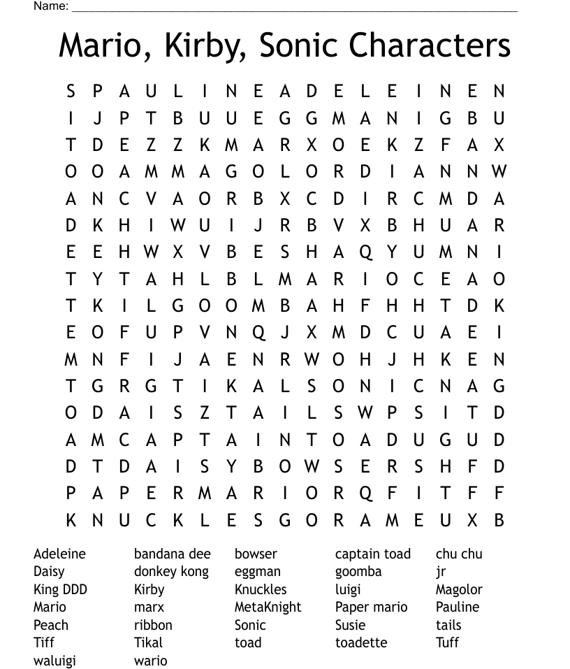 Mario kirby sonic characters word search