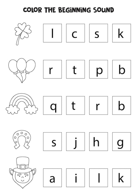 Encuentra y colorea los sonidos inicial de los elementos del dãa de san patricio juego educativo para niãos vector premium