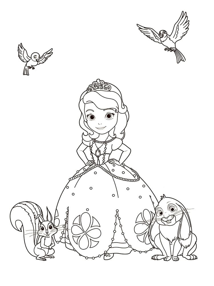 Princess sofia with cute animals coloring page