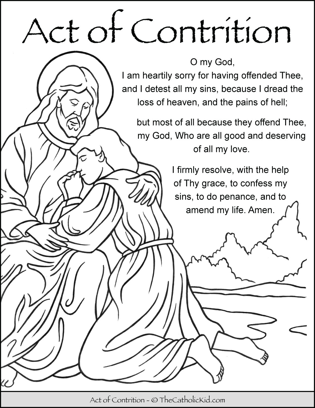 Act of contrition prayer kids coloring page printout