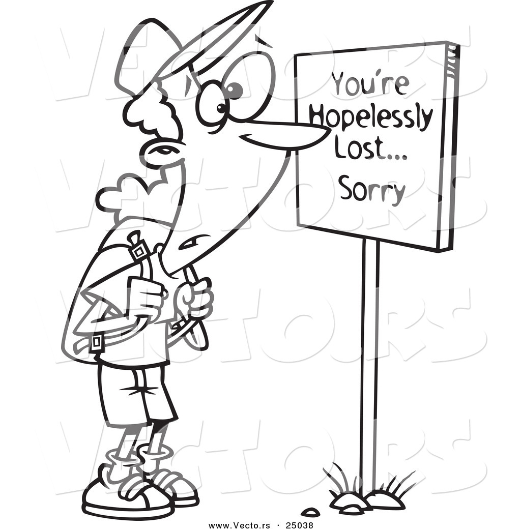 R of a cartoon hiker at a youre hopelessly lost sorry sign