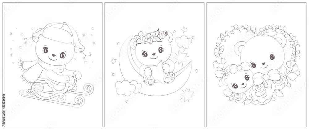 Cute bear black and white set of pages for a coloring book cute animal vector illustration in black and white outlines of animals for coloring pages for girls and boys