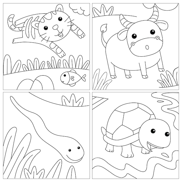 Premium vector cute coloring for kids with tiger buffalo snake and turtle