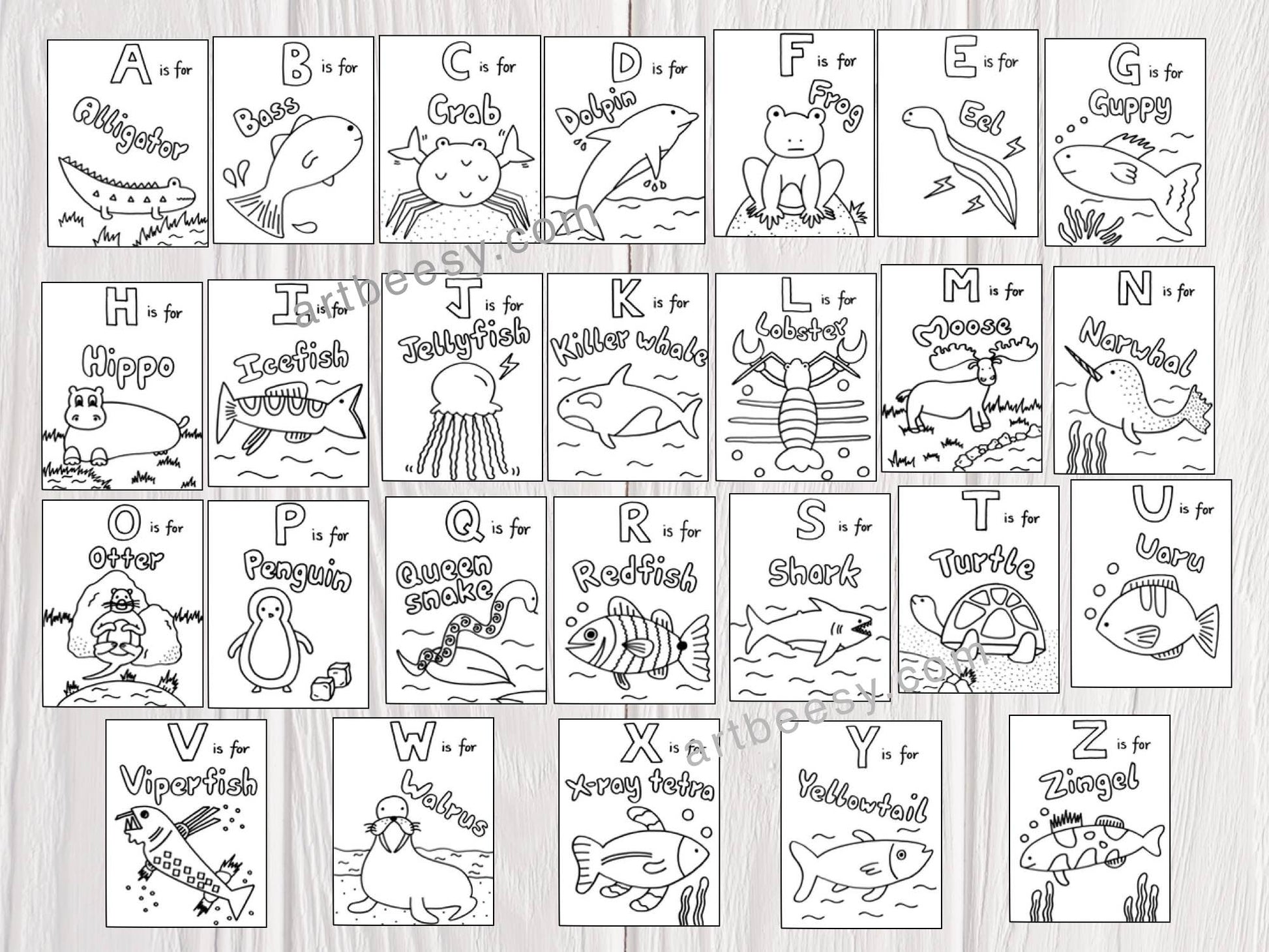 Abc animals can swim printable coloring book â