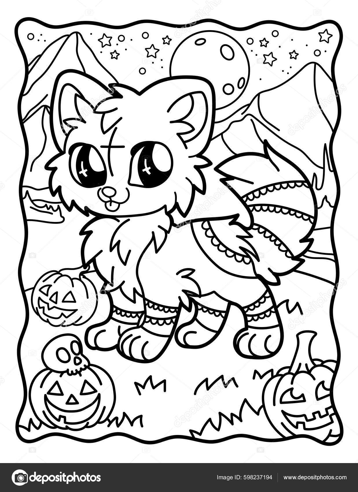 Cute kawaii fox magic animals coloring children chibi gothic coloring stock