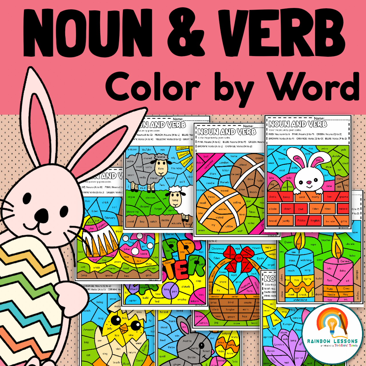 Easter color by code easter coloring sheets noun and verb sort easter worksheets