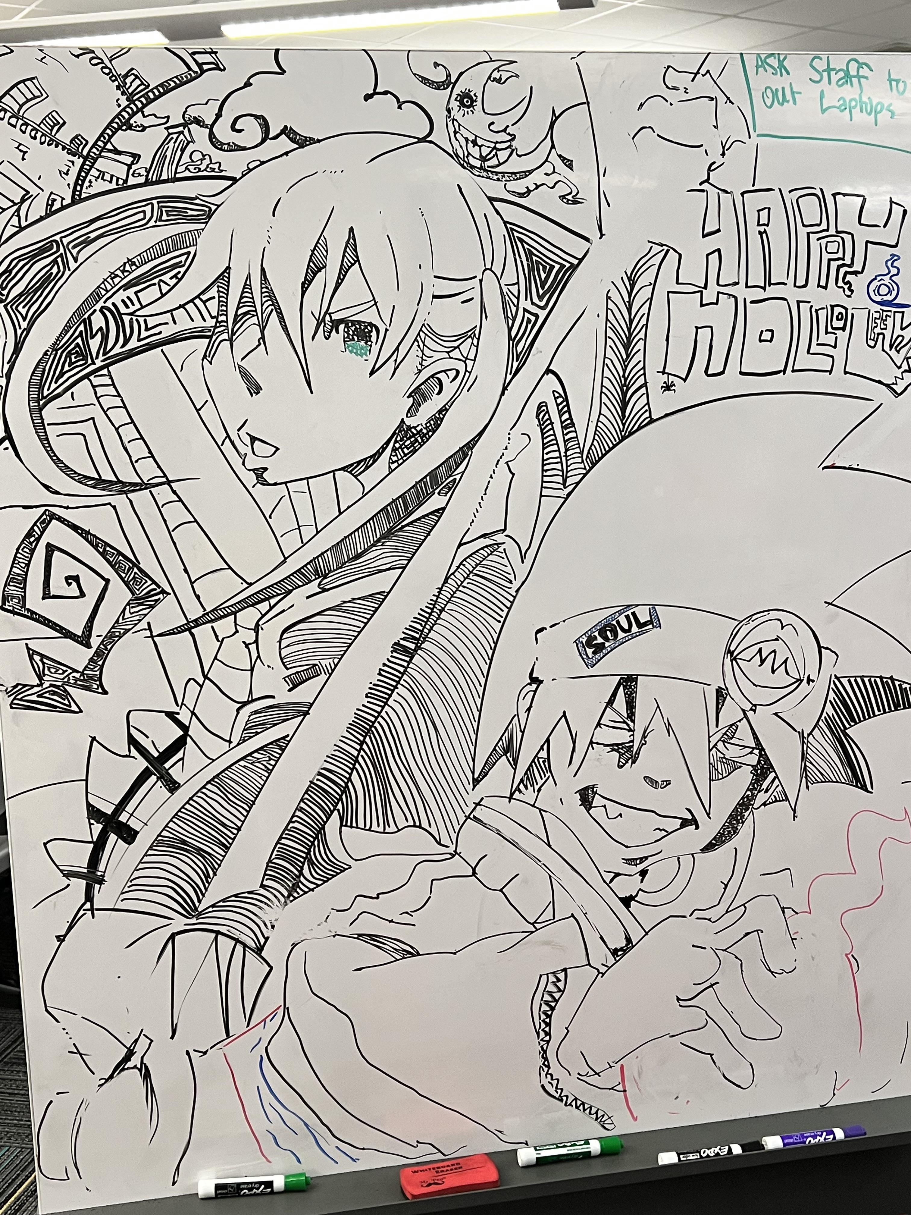 I draw bi weekly stuff on a white board at work since its halloween i went with my first anime soul eater wip rsouleater