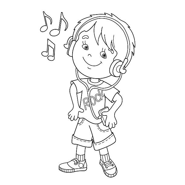 Coloring page outline of boy in headphones listening to music stock illustration