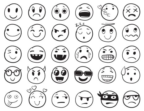 Doodle emoji set doodles image pictograms smile emotion funny faces happy fun emoticon line icons sad hand drawn neat outline isolated vector illustration vector