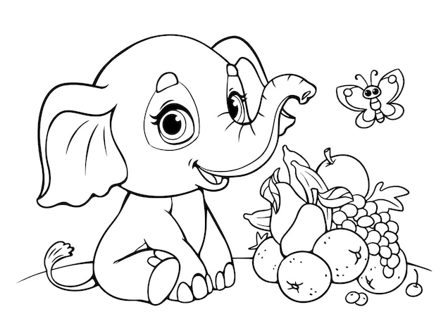 Premium vector coloring book little child baby elephant and fruits black and white outline zoo animals of africa